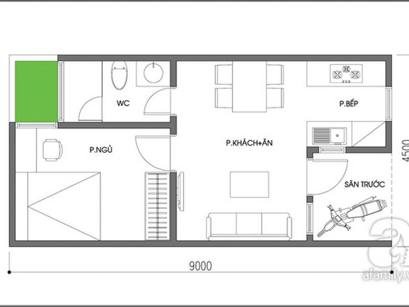 Bản vẽ 2: Xây nhà tiết kiệm chi phí với bản thiết kế công năng tối giản gồm 1 phòng ngủ, 1 phòng khách + phòng ăn và gian bếp, 1 nhà vệ sinh chung.